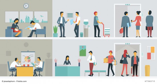 Flat design of bussiness people or office workers in interior building, various characters, actions and activities.