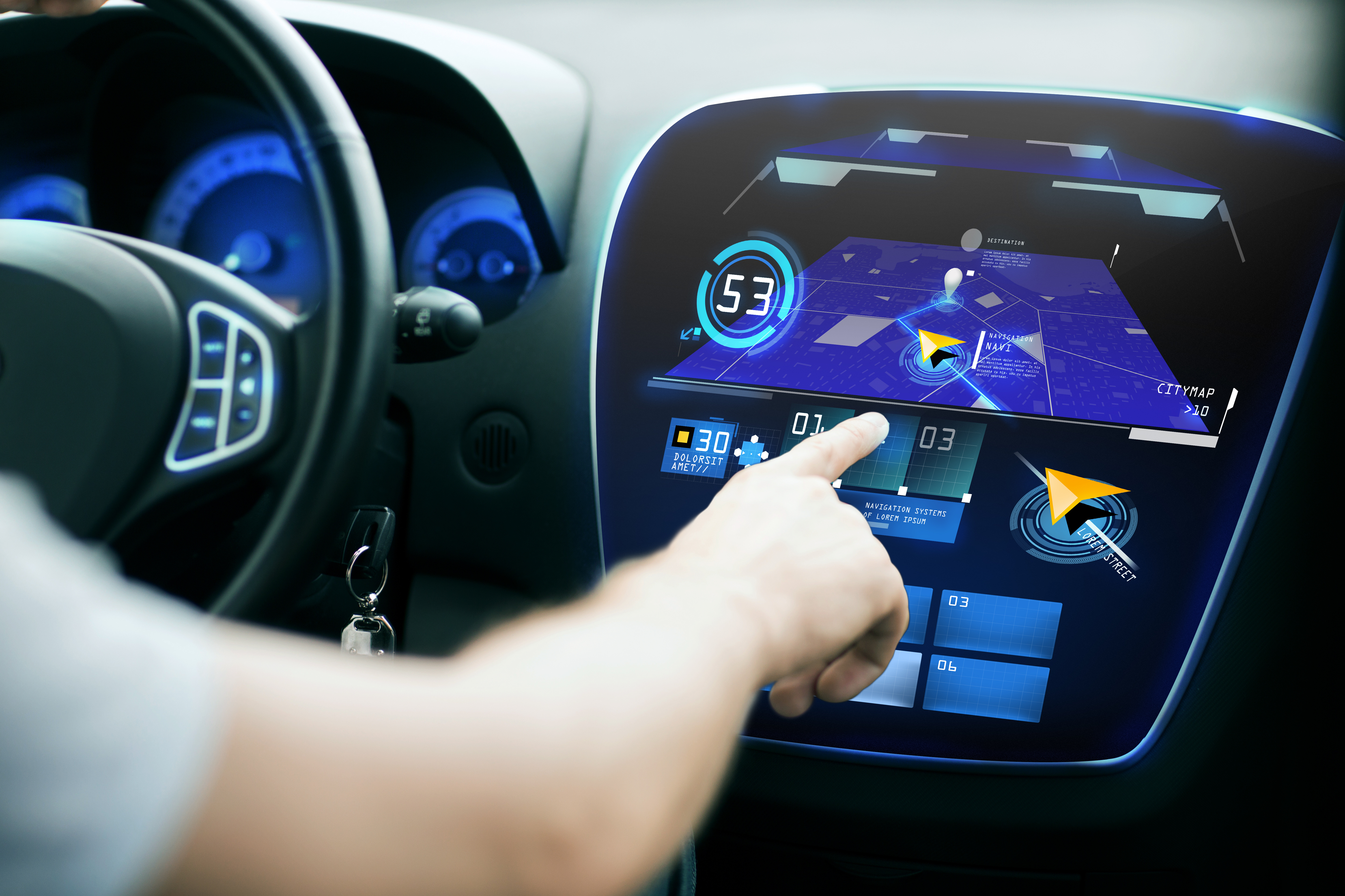 transport, destination, modern technology and people concept - male hand searching for route using navigation system on car dashboard screen